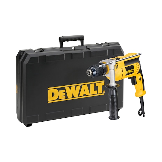 DEWALT yellow corded drill with black handle, shown next to a black carrying case with DEWALT logo.