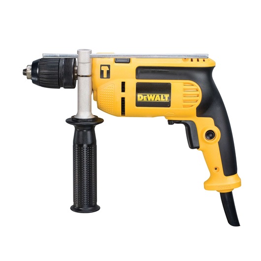 Yellow DEWALT corded drill with side handle, model DWD024KS, used for drilling into various surfaces.