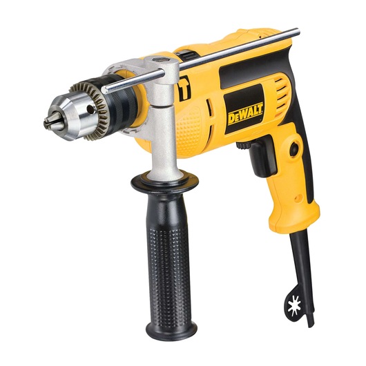A yellow and black DEWALT corded electric drill with a side handle and metal chuck key attached.
