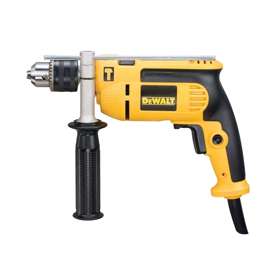 A yellow and black DEWALT corded electric drill with a side handle and metal depth rod, shown from the side.