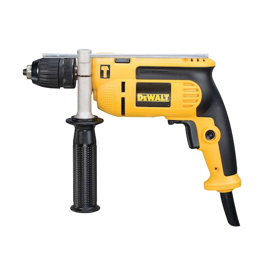 Yellow and black DEWALT corded electric drill with side handle, shown on a white background.