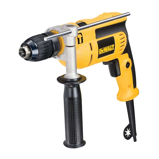 Yellow DEWALT corded drill with side handle and depth rod, suitable for construction and repair tasks.