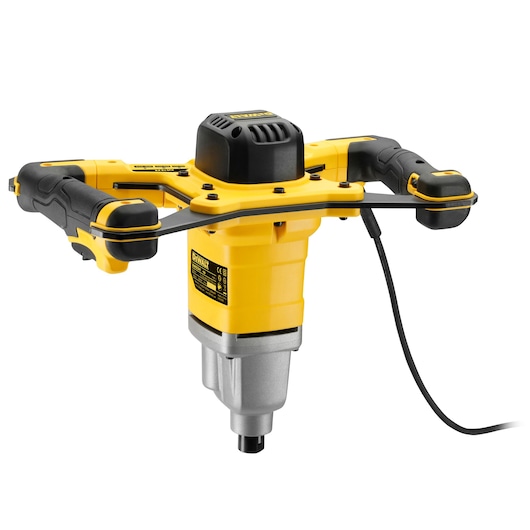 Yellow and black DEWALT electric mixer with dual handles and cord, used for mixing construction materials.