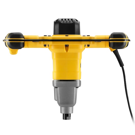 Front view of a yellow DEWALT mixer drill with two handles and a cord attached.