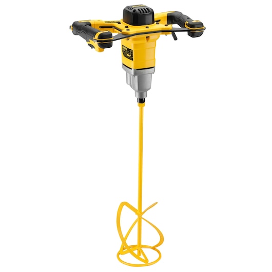 Yellow DEWALT power mixer with dual handles and a long mixing paddle designed for heavy-duty material mixing.