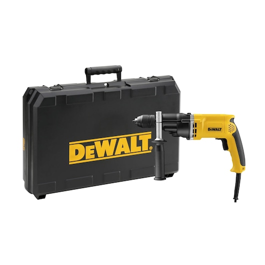 DEWALT yellow corded drill with side handle shown next to a large black carrying case with DEWALT logo.