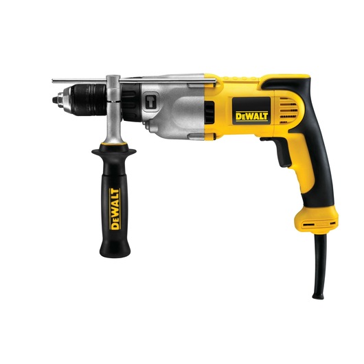 DEWALT yellow and black corded drill with side handle and depth rod, shown against a white background.