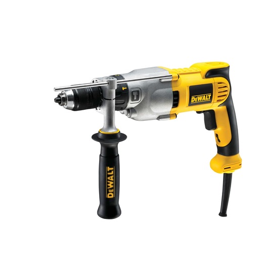 A DEWALT corded electric drill with a side handle and depth rod, featuring a black and yellow design, shown against a white background.