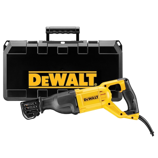 DEWALT reciprocating saw with black and yellow case, both featuring DEWALT branding.
