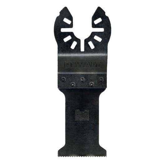 DEWALT oscillating tool blade for cutting wood with nails, shown in close-up against a white background.