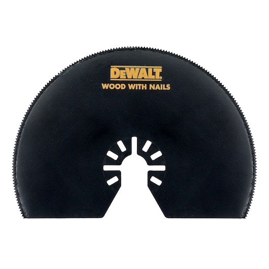 DEWALT black semicircular saw blade for wood with nails, suitable for power tools, shown against white background.