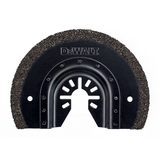 Half-round DEWALT oscillating tool blade with a gritty edge for cutting or grinding.