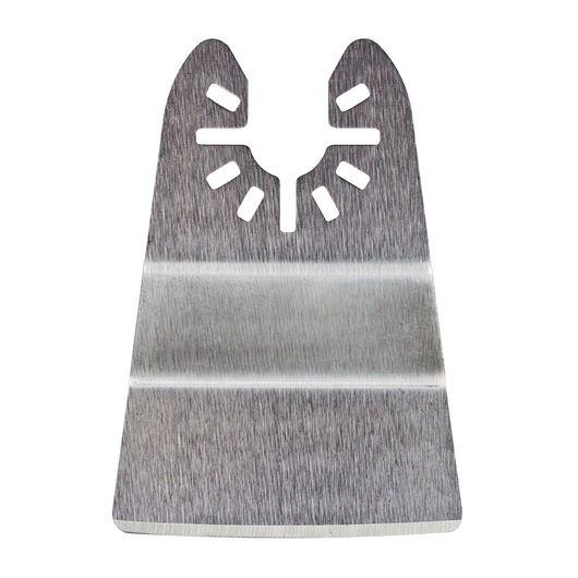 Close-up of a metal oscillating multi-tool blade with mounting slots, shown against a white background.