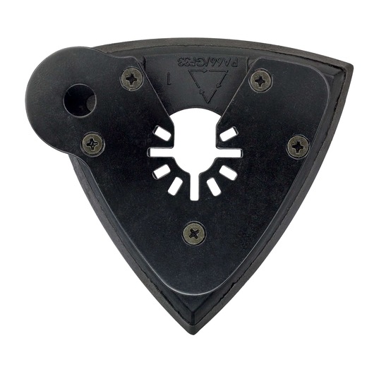Black DEWALT sanding pad attachment with triangular shape and screw holes for oscillating tools.