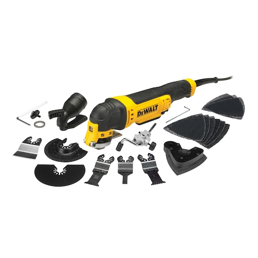 DEWALT oscillating multi-tool with various blades, sanding pads and accessories arranged on a white background.