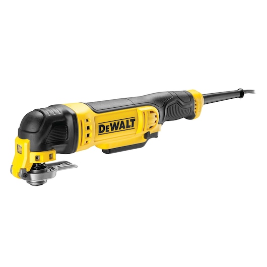 A DEWALT branded yellow and black oscillating multi-tool with a cord attached, positioned against a white background.