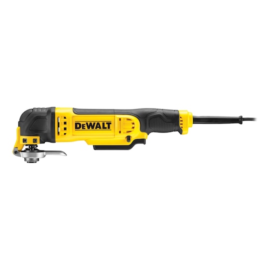 A DEWALT DWE315 corded oscillating multi-tool with a yellow and black body, shown in a side view against a white background.