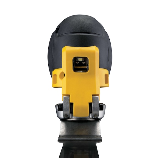 Front view of a DEWALT DWE315 oscillating multi-tool, showing the yellow and black body and the tool attachment.