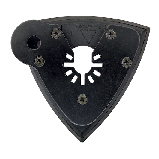 Triangular black sanding pad accessory with four screws and ventilation slots, designed for use with DEWALT DWE315 multi-tool.