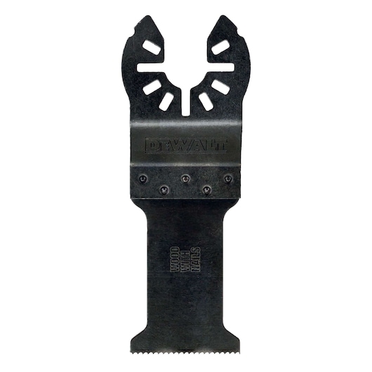 A DEWALT multi-tool saw blade attachment with a wide blade and serrated edge for cutting wood with nails.