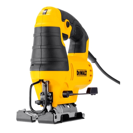 A yellow and black corded electric jigsaw tool from DEWALT, designed for precise cutting tasks. The tool features a sturdy handle, a visible blade guard, and a base plate for stability.