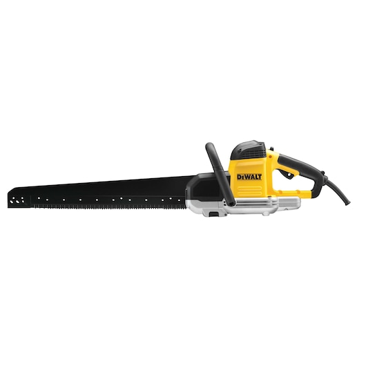 DEWALT electric saw with long blade and yellow housing, suitable for cutting construction materials.