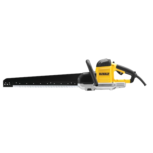 DEWALT electric saw with long blade and yellow handle, shown on white background.