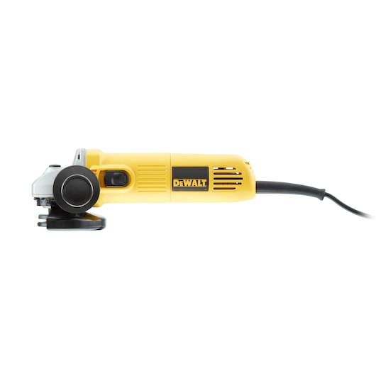 Yellow DEWALT corded angle grinder shown in profile with black accents and power cord.