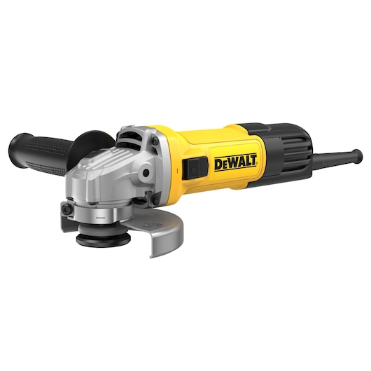 DEWALT yellow and black angle grinder with side handle and protective guard, model DWE4036.