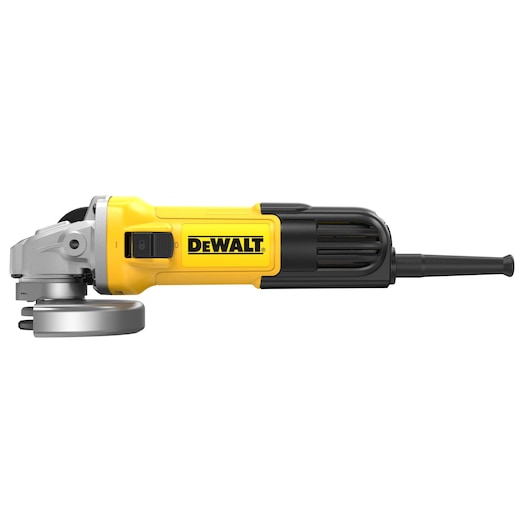 DEWALT DWE4036 angle grinder with yellow and black body, side view, power tool for cutting and grinding.
