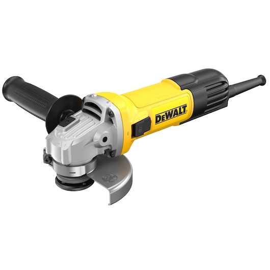 Yellow and black DEWALT angle grinder with side handle, guard, and power switch, model DWE4036.