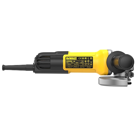 DEWALT DWE4036 yellow and black angle grinder shown in a side view on a white background.