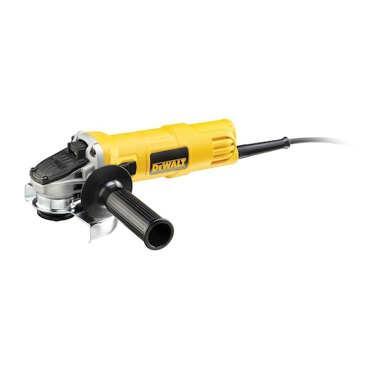 Yellow DEWALT corded angle grinder with side handle and protective guard, shown against a white background.