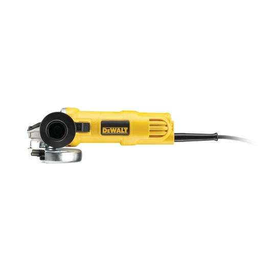 Side view of a yellow DEWALT DWE4057 angle grinder with power cord against white background.