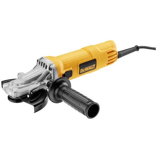 Yellow DEWALT angle grinder with side handle and power cord shown on a white background.
