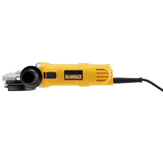 Yellow DEWALT corded angle grinder with side handle and black power cord shown in profile view.