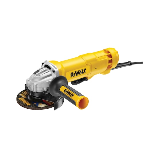 Yellow DEWALT angle grinder with side handle and cord, shown against a white background.
