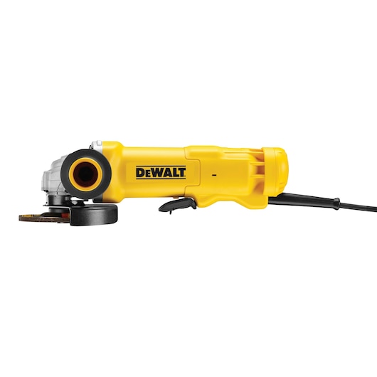 Yellow DEWALT angle grinder with cord, side view, model DWE4203 shown on white background.