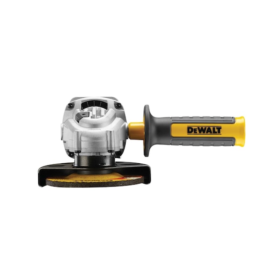 Front view of a DEWALT angle grinder with yellow and black handle, suitable for heavy-duty grinding tasks.