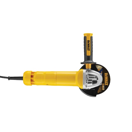 Yellow DEWALT angle grinder with side handle and disc, viewed from above on a white background.