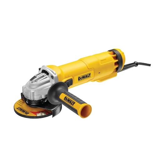 Yellow DEWALT angle grinder with side handle and power cord, shown against a white background.