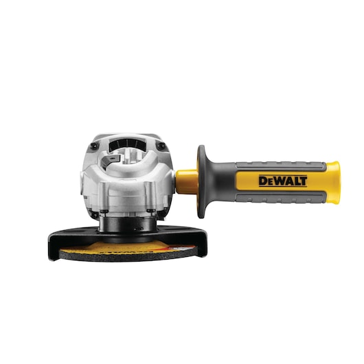 DEWALT angle grinder with a yellow and black handle, shown from the front against a white background.