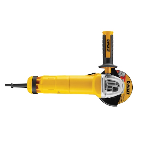 DEWALT yellow angle grinder with side handle and visible disc, model DWE4206.