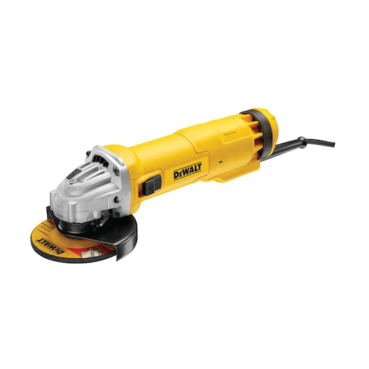 Yellow DEWALT DWE4206 angle grinder with power cord and protective guard, used for cutting and grinding tasks.