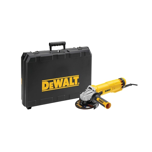 DEWALT angle grinder and black carrying case with logo, both placed on a white background.