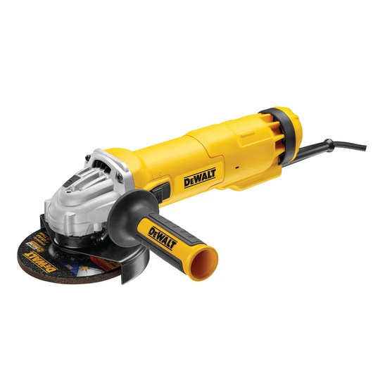 DEWALT yellow and black angle grinder with side handle and cutting disc, shown on a white background.