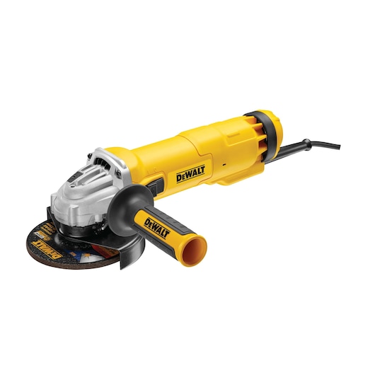 A yellow DEWALT corded angle grinder with a side handle and grinding disc on a white background.