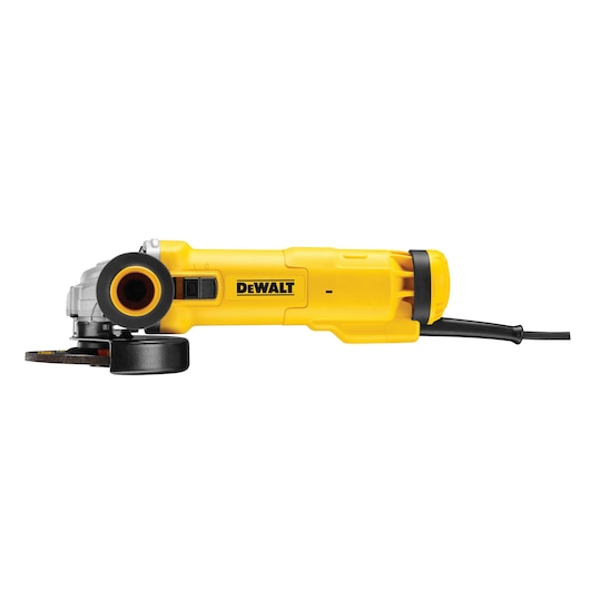 Yellow DEWALT angle grinder DWE4207 with power cord, side view, isolated on white background.