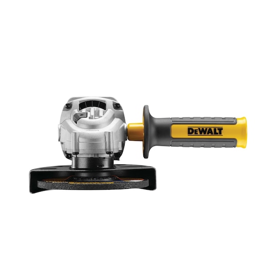 Front view of a DEWALT angle grinder with a yellow handle and protective guard.