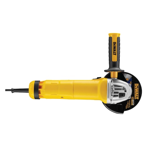 Yellow DEWALT angle grinder with side handle and power cord, viewed from the side on a white background.